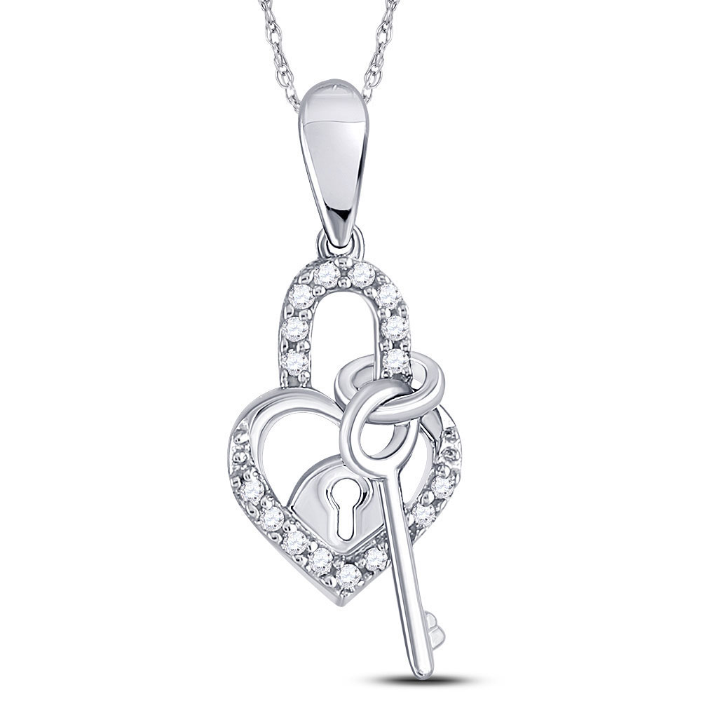 10K White Gold Round Diamond Heart Lock Key Dangle Fashion Pendant 1/10 Ctw