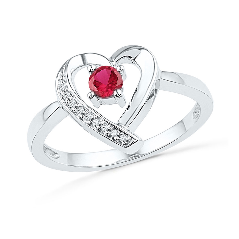 Sterling Silver Womens Round Lab-Created Ruby Solitaire Diamond Heart Ring 1/4 Cttw