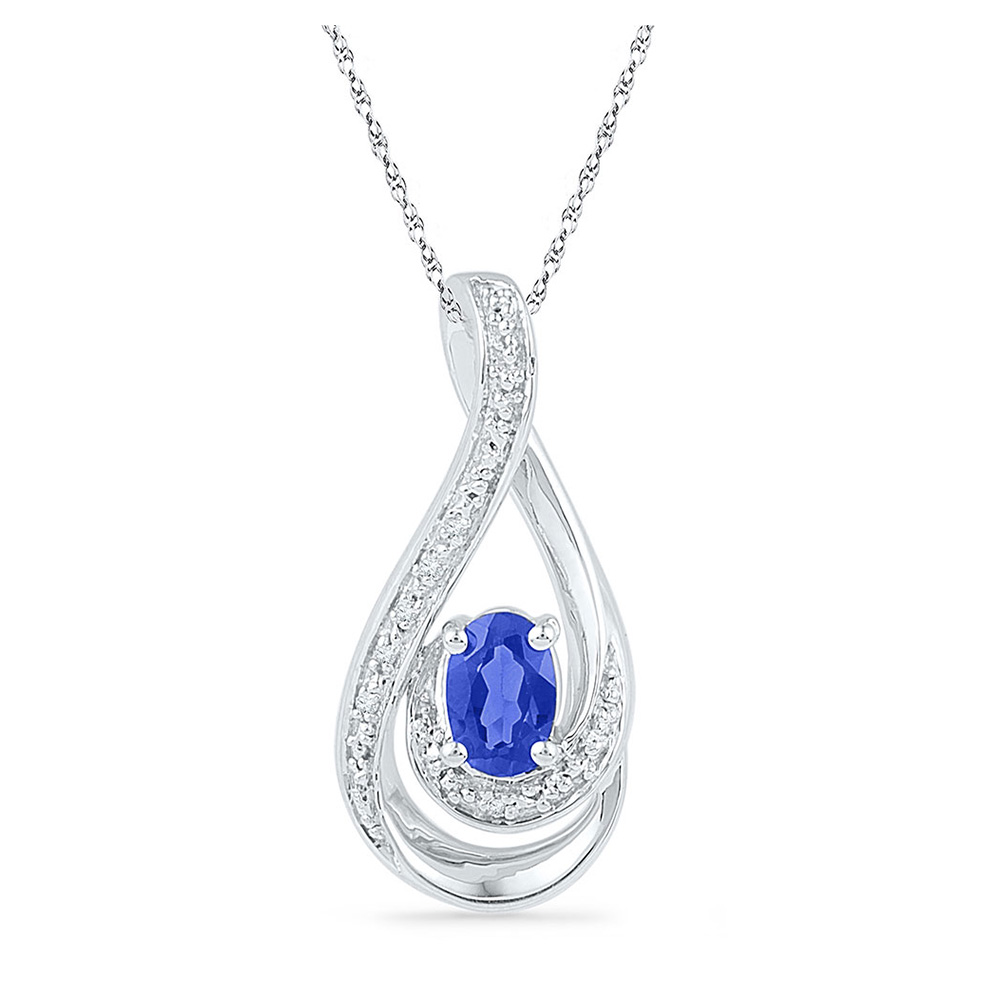 Sterling Silver Womens Oval Lab-Created Blue Sapphire Solitaire Teardrop Pendant 1/2 Cttw