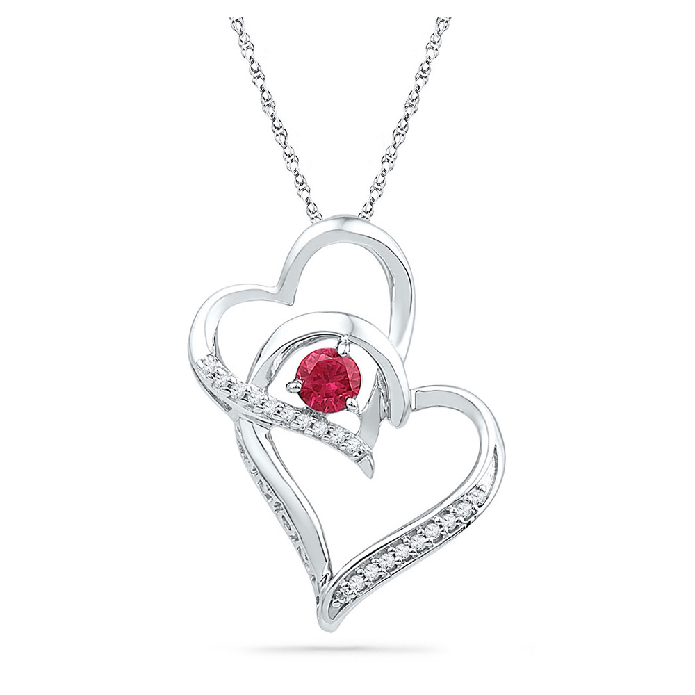 Sterling Silver Womens Round Lab-Created Ruby Double Heart Pendant 1/3 Cttw