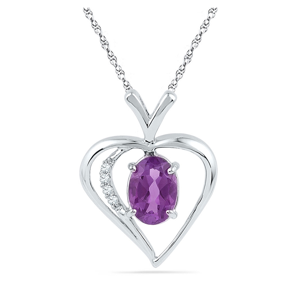 Sterling Silver Womens Round Lab-Created Amethyst Heart Pendant 3/4 Cttw