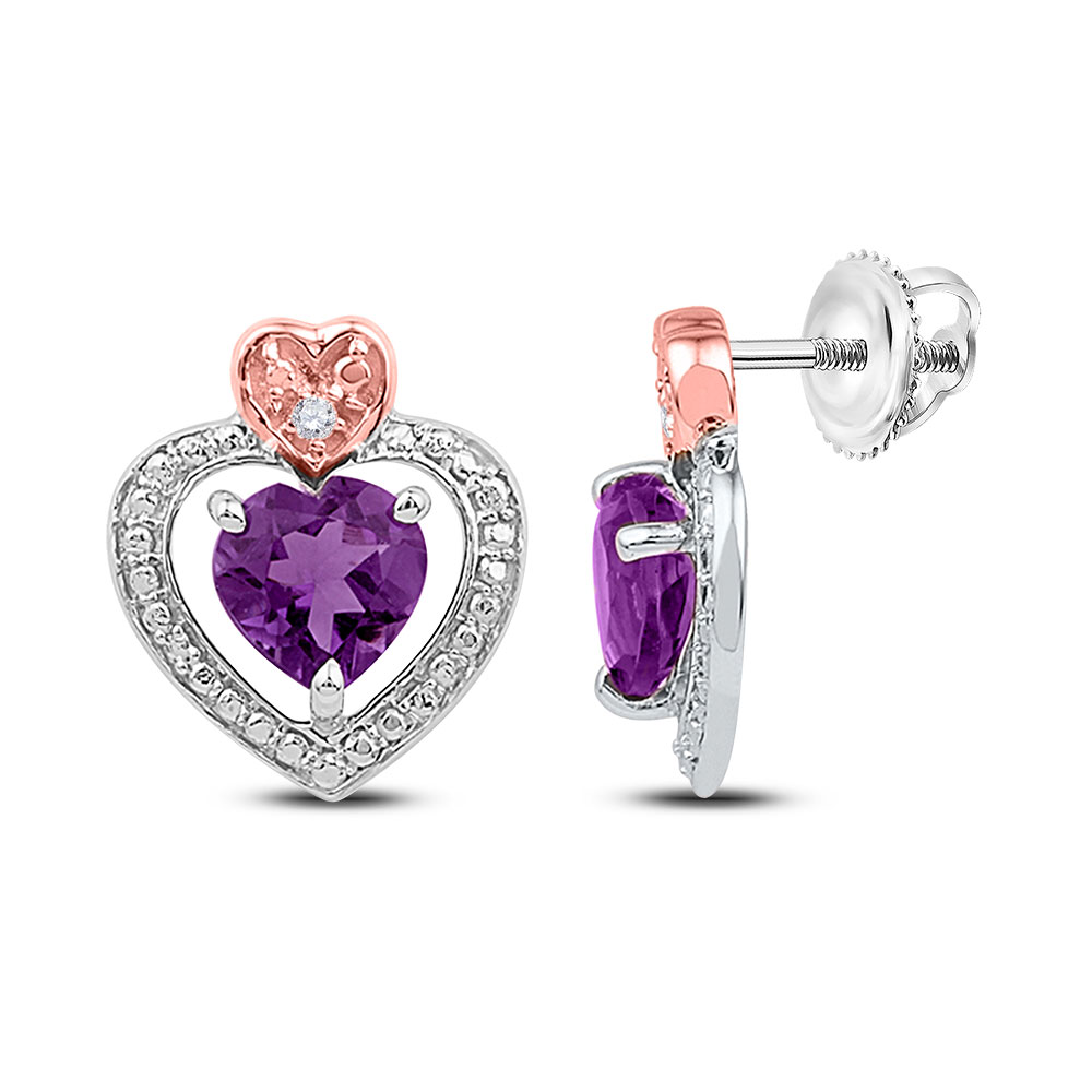 Sterling Silver Womens Round Lab-Created Amethyst Heart Earrings 7/8 Cttw