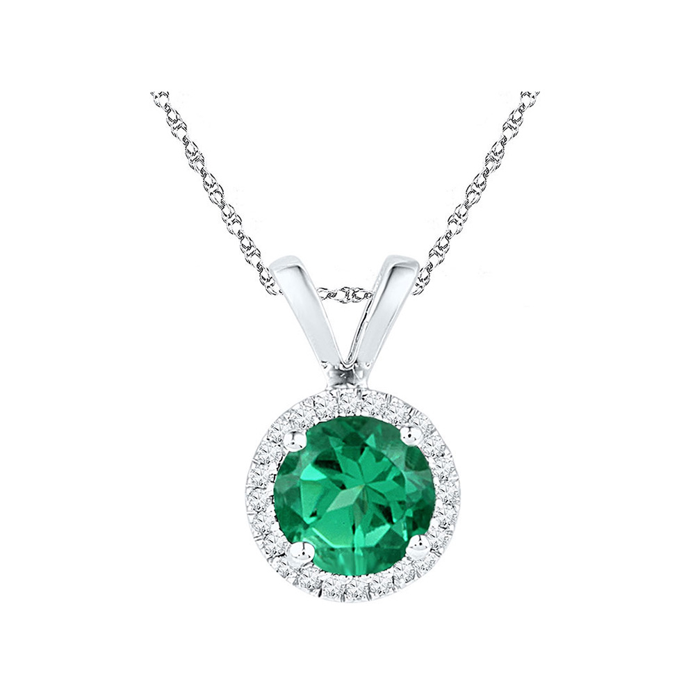 10K White Gold Lab-Created Emerald Solitaire Diamond Halo Fashion Pendant 7/8