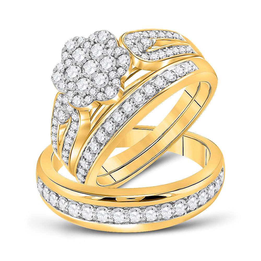 10k Yellow Gold His Her Round Diamond Cluster Matching Bridal Wedding ...