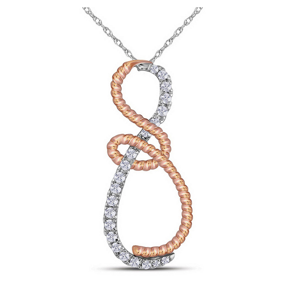 10K White Gold Womens Round Diamond Rose-tone Rope Infinity Pendant 1/4 Cttw