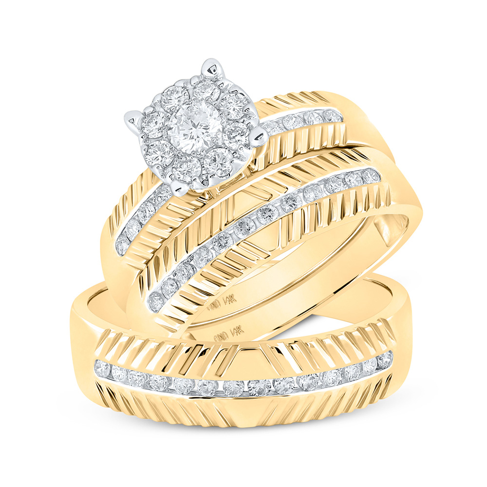 14kt Yellow Gold His Hers Round Diamond Cluster Matching