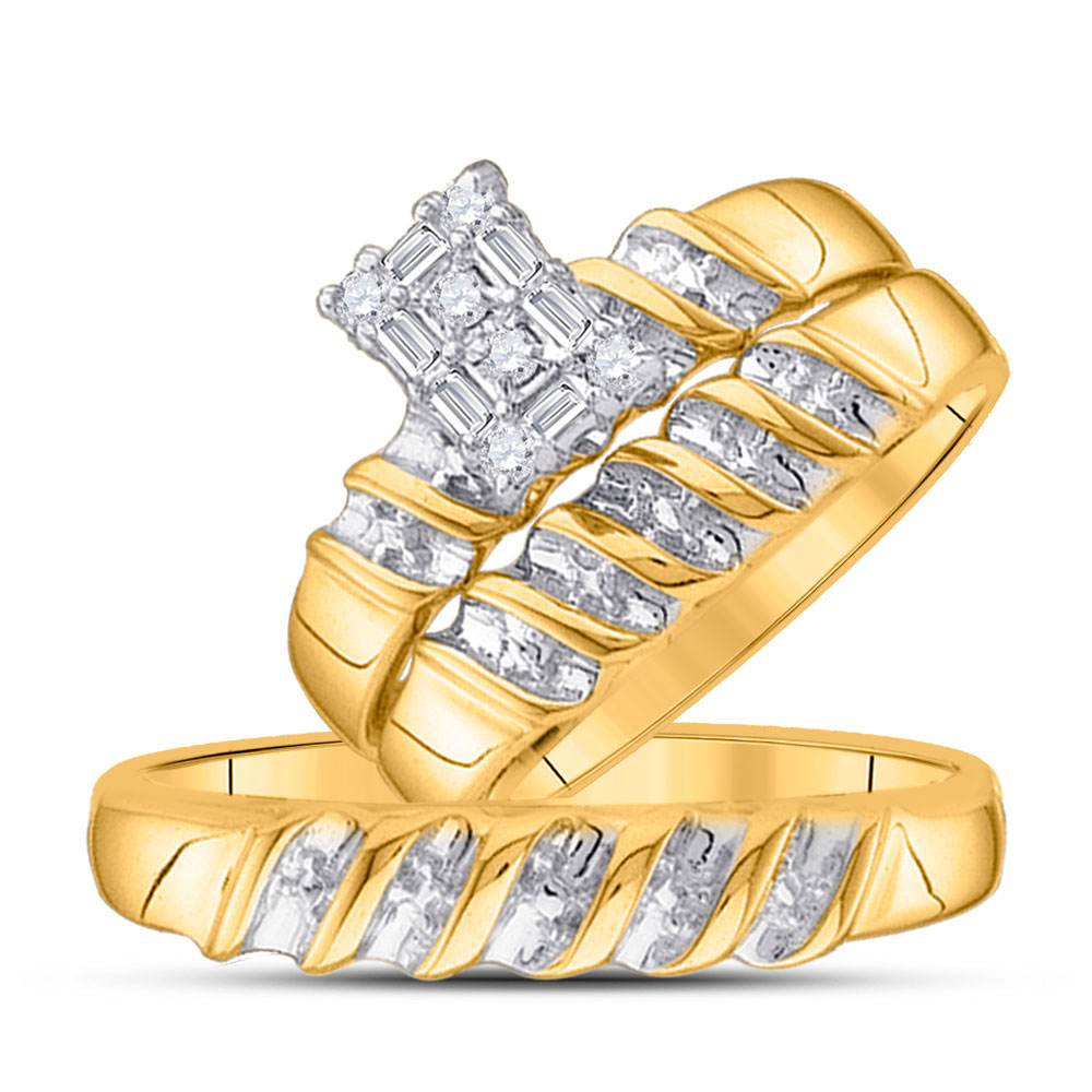 10K Yellow Gold His Hers Round Diamond Cluster Matching Bridal Wedding Ring Set