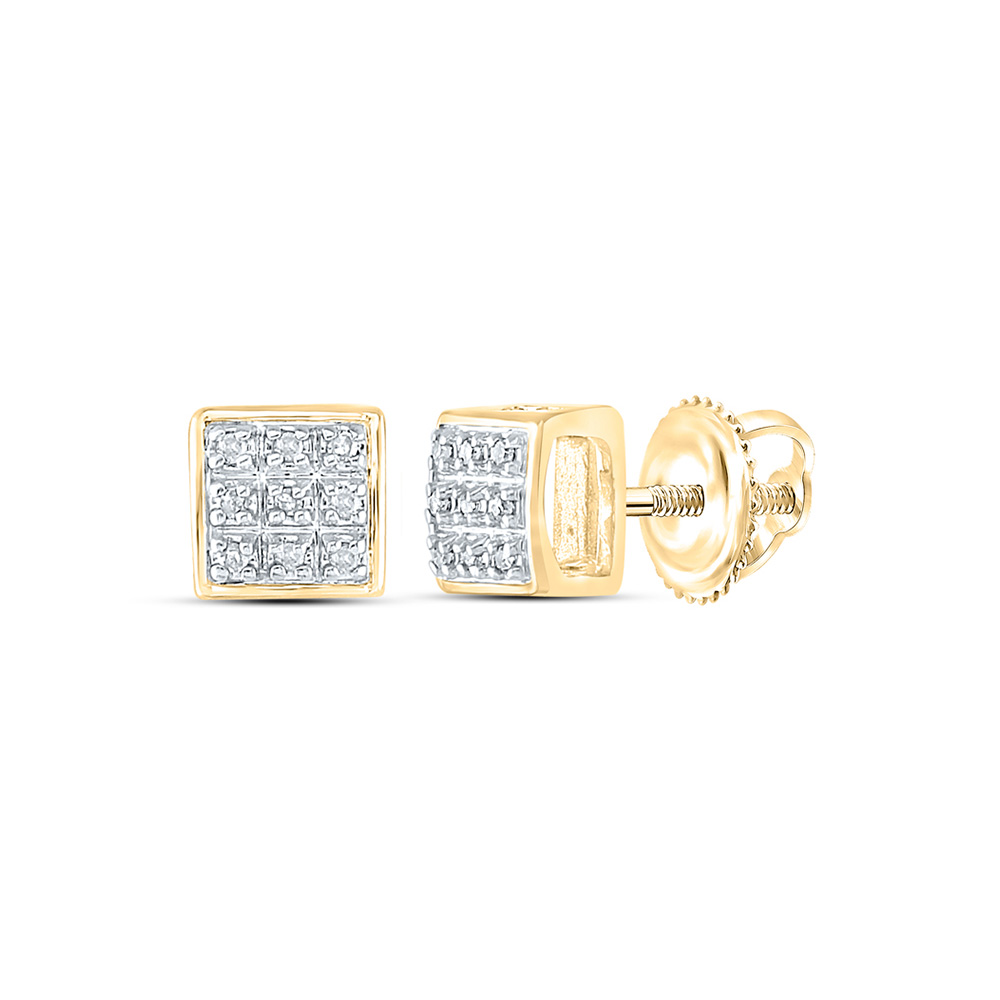 10K Yellow Gold Mens Round Diamond Square Earrings 1/20 Cttw