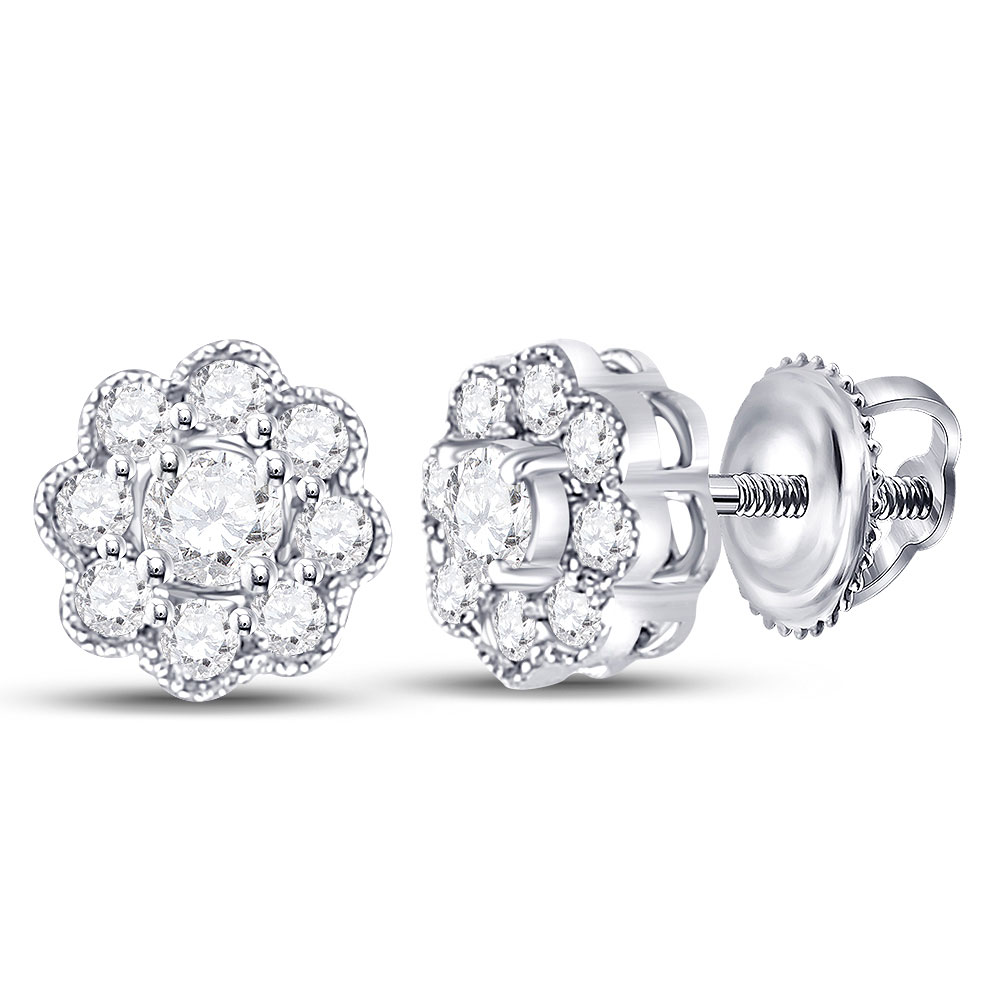14kt White Gold Womens Round Diamond Flower Cluster Earrings 1/4 Cttw ...