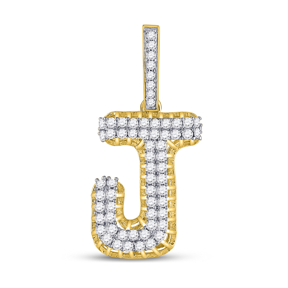 10kt Yellow Gold Mens Round Diamond J Letter Charm Pendant 11/4 Cttw