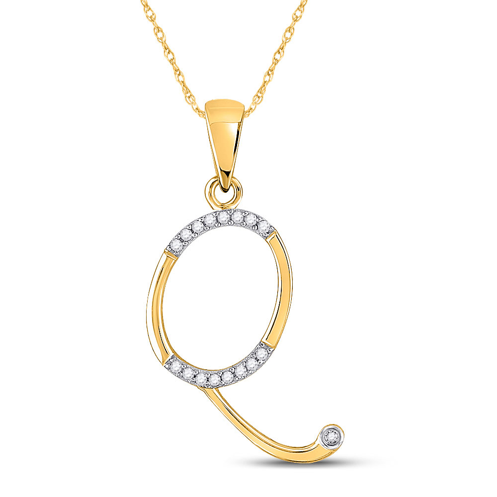 10K Yellow Gold Womens Round Diamond Initial Q Letter Pendant 1/12 Cttw