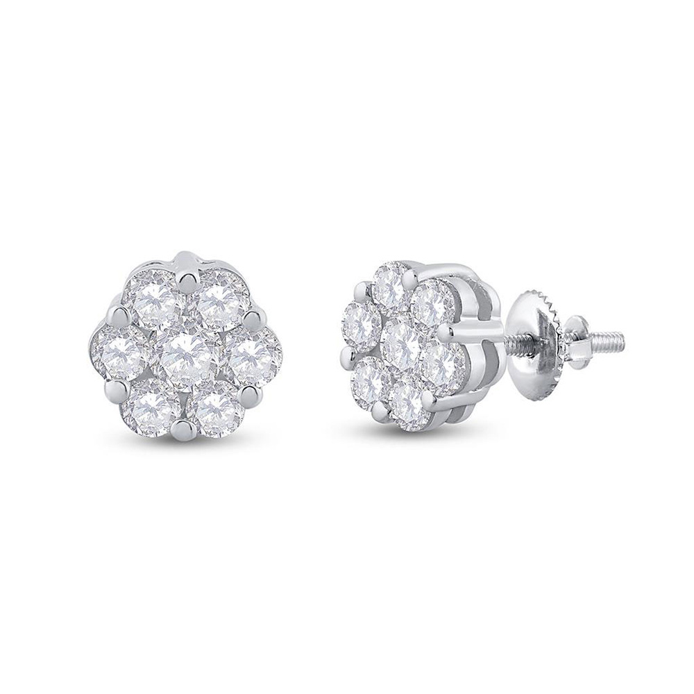 14kt White Gold Womens Round Diamond Flower Cluster Earrings 3/4 Cttw ...
