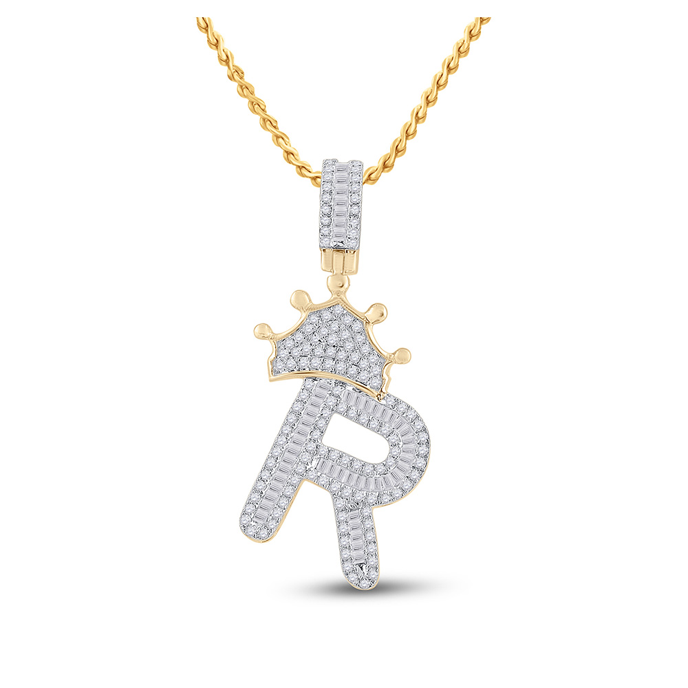 10K Yellow Gold Mens Baguette Diamond Crown R Letter Charm Pendant 3/4 Cttw