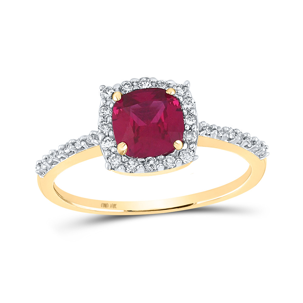 10K Yellow Gold Womens Cushion Lab-Created Ruby Solitaire Ring 1-1/2 Cttw