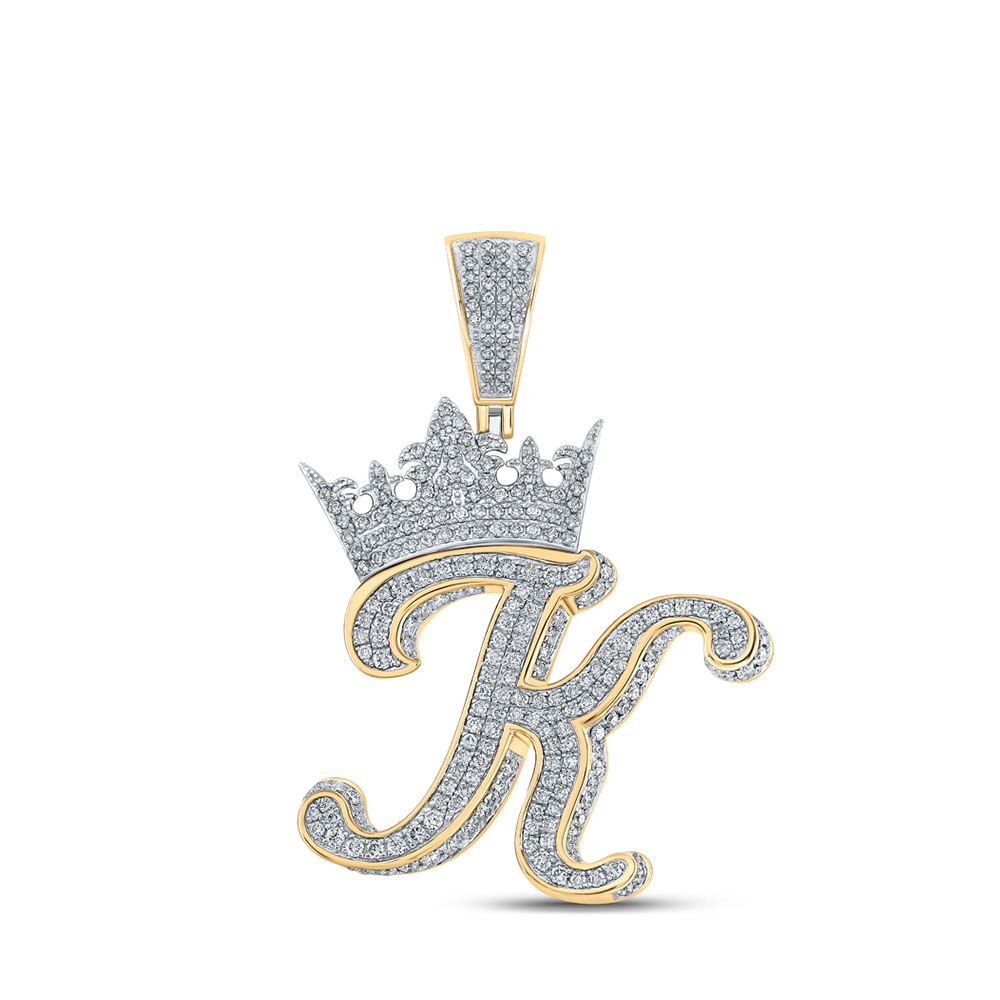 10kt Twotone Gold Mens Round Diamond Crown K Letter Charm Pendant 17/