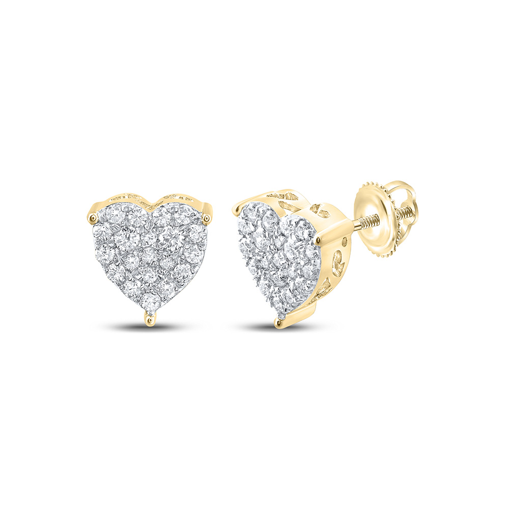10K Yellow Gold Womens Round Diamond Heart Earrings 1/2 Cttw