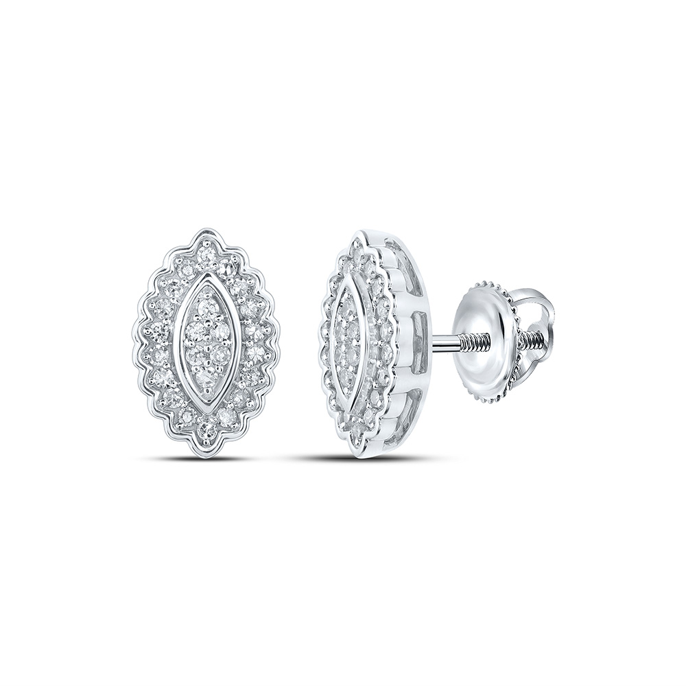 10K White Gold Womens Round Diamond Oval Cluster Earrings 1/5 Cttw