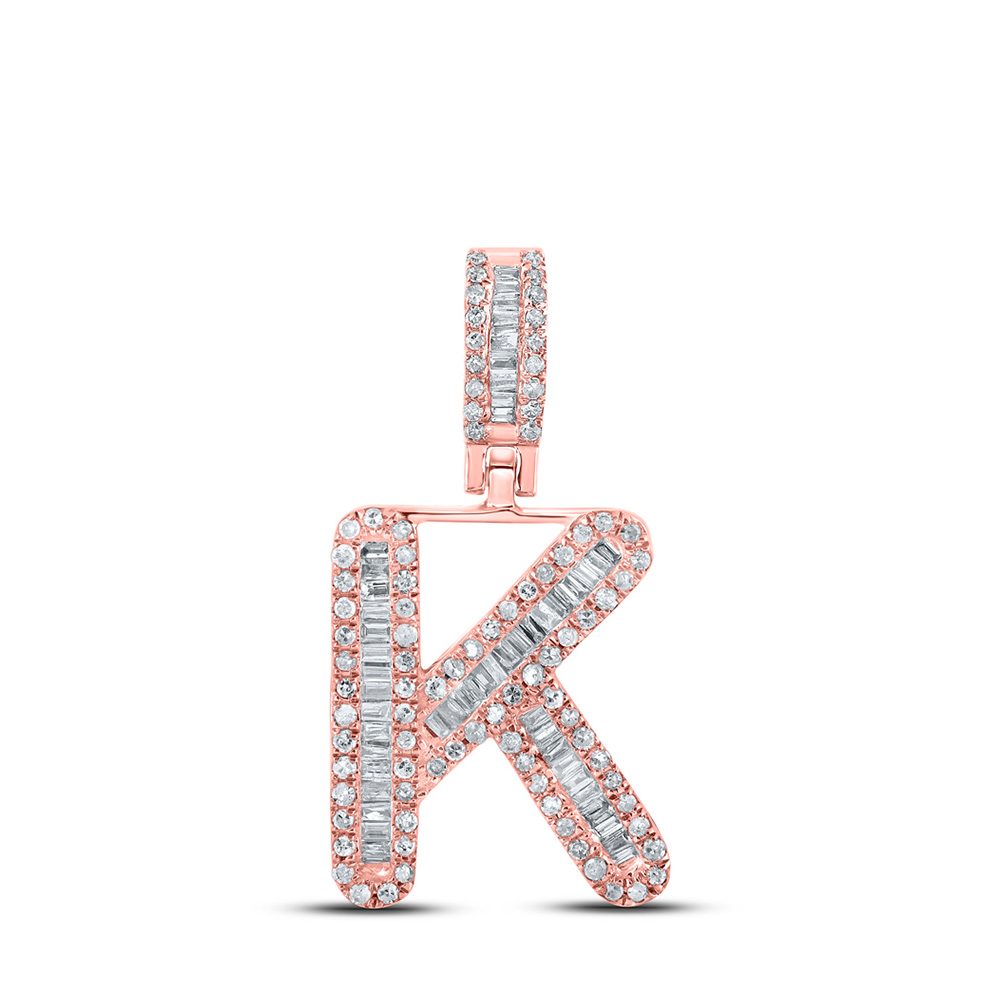 10K Rose Gold Mens Baguette Diamond K Initial Letter Pendant 3/8 Cttw