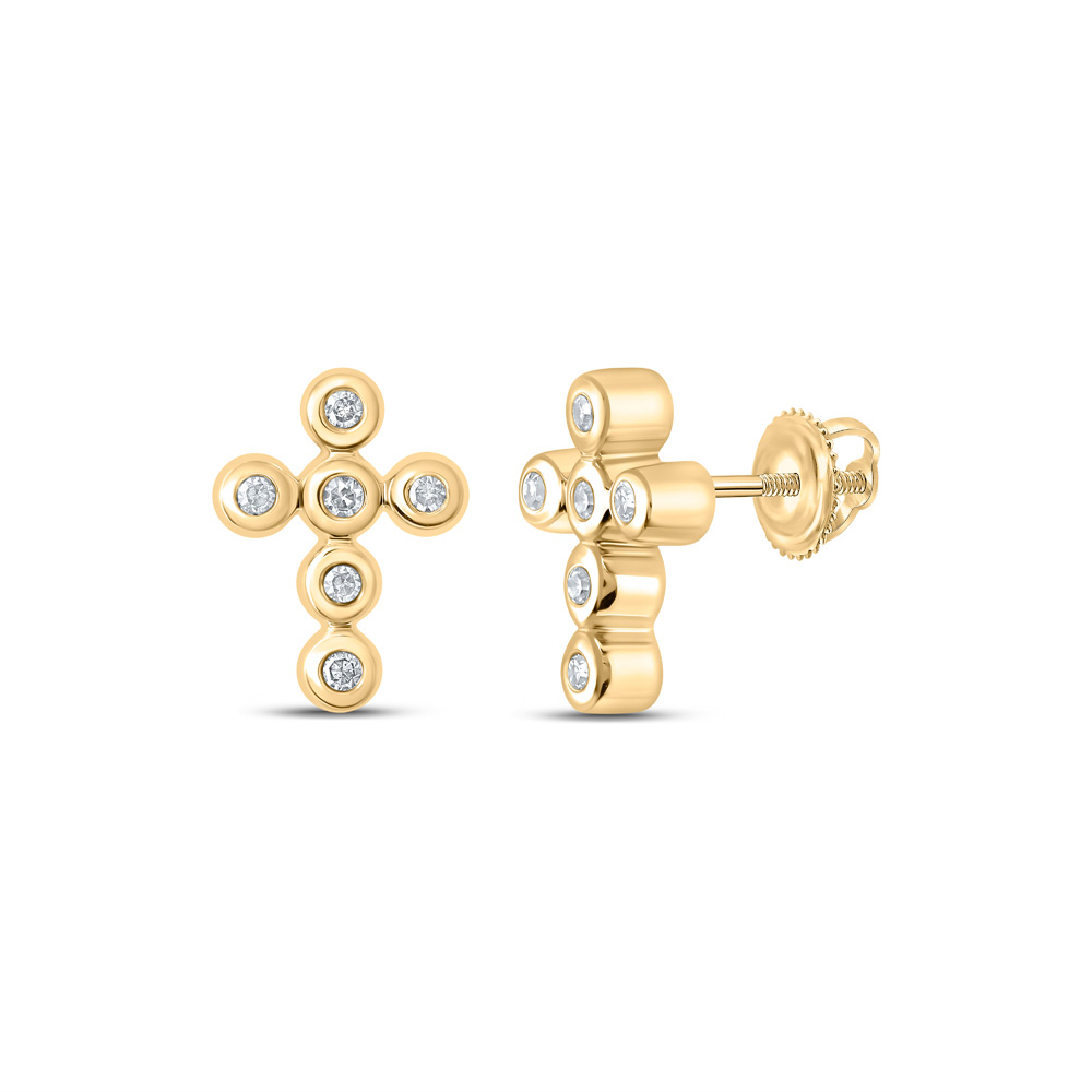 10K Yellow Gold Womens Round Diamond Cross Earrings 1/10 Cttw