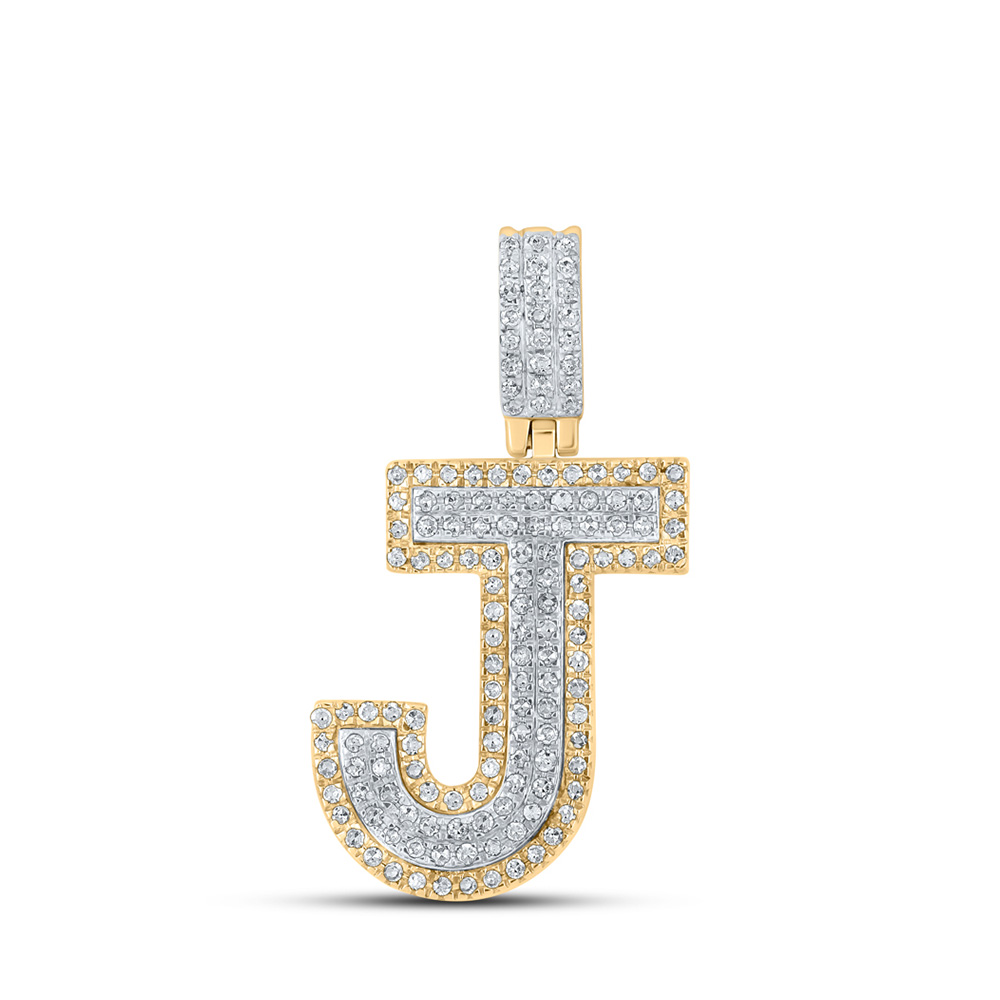 10K Two-tone Gold Mens Round Diamond J Initial Letter Pendant 1/2 Cttw