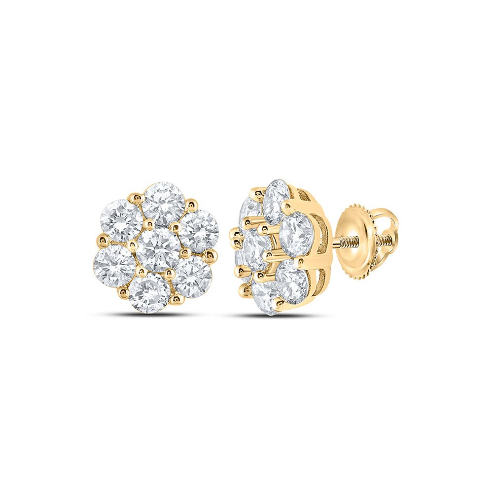 10K Yellow Gold Mens Round Diamond Flower Cluster Earrings 7/8 Cttw