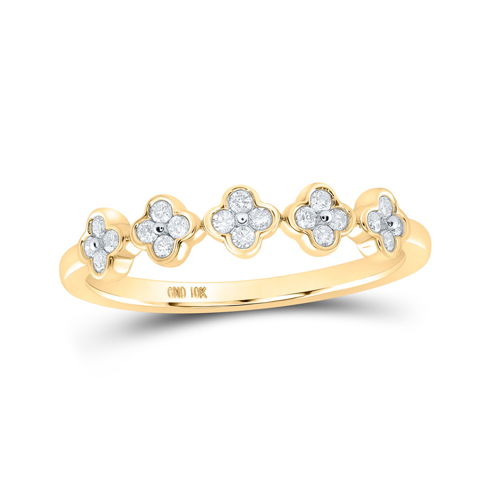 10K Yellow Gold Womens Round Diamond Clover Stackable Band Ring 1/6 Cttw