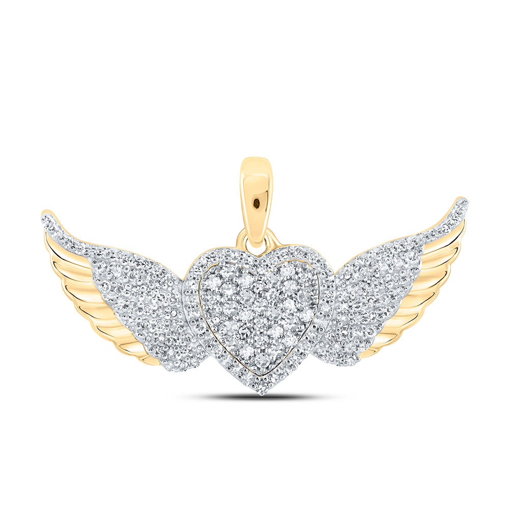 10K Yellow Gold Womens Round Diamond Diamond Wing Heart Pendant 3/8 Cttw