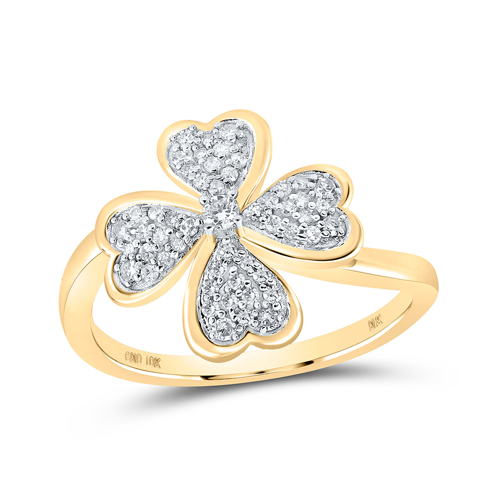 10K Yellow Gold Womens Round Diamond Clover Heart Ring 1/4 Cttw