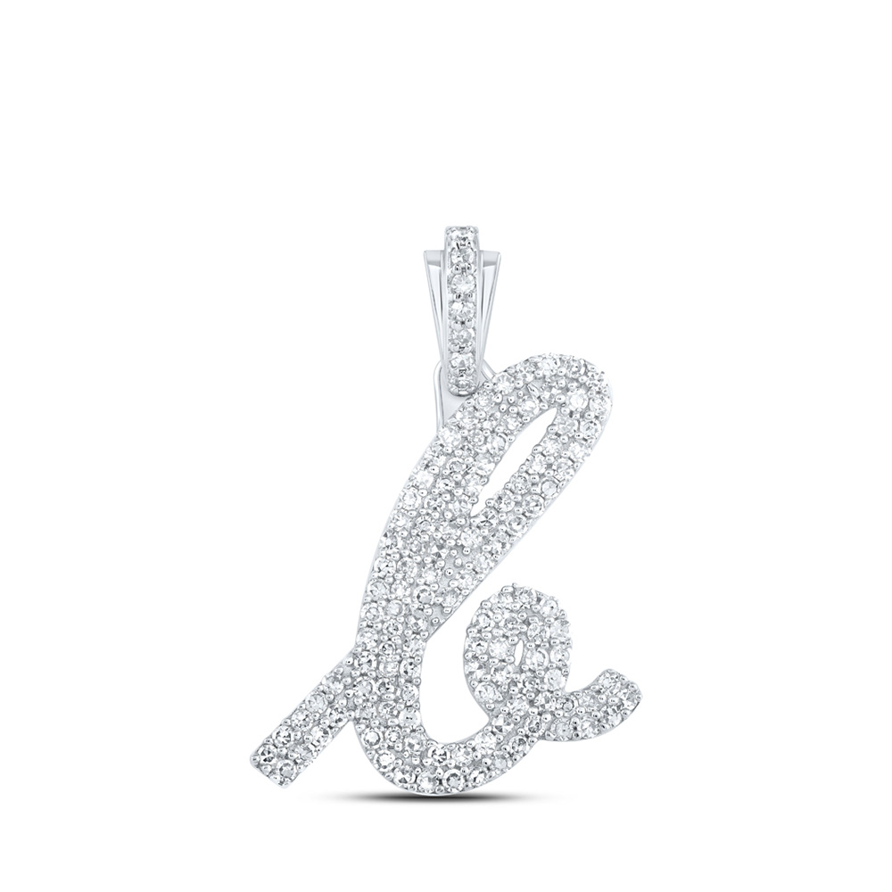 10K White Gold Womens Round Diamond K Cursive Initial Letter Pendant 5/8 Cttw