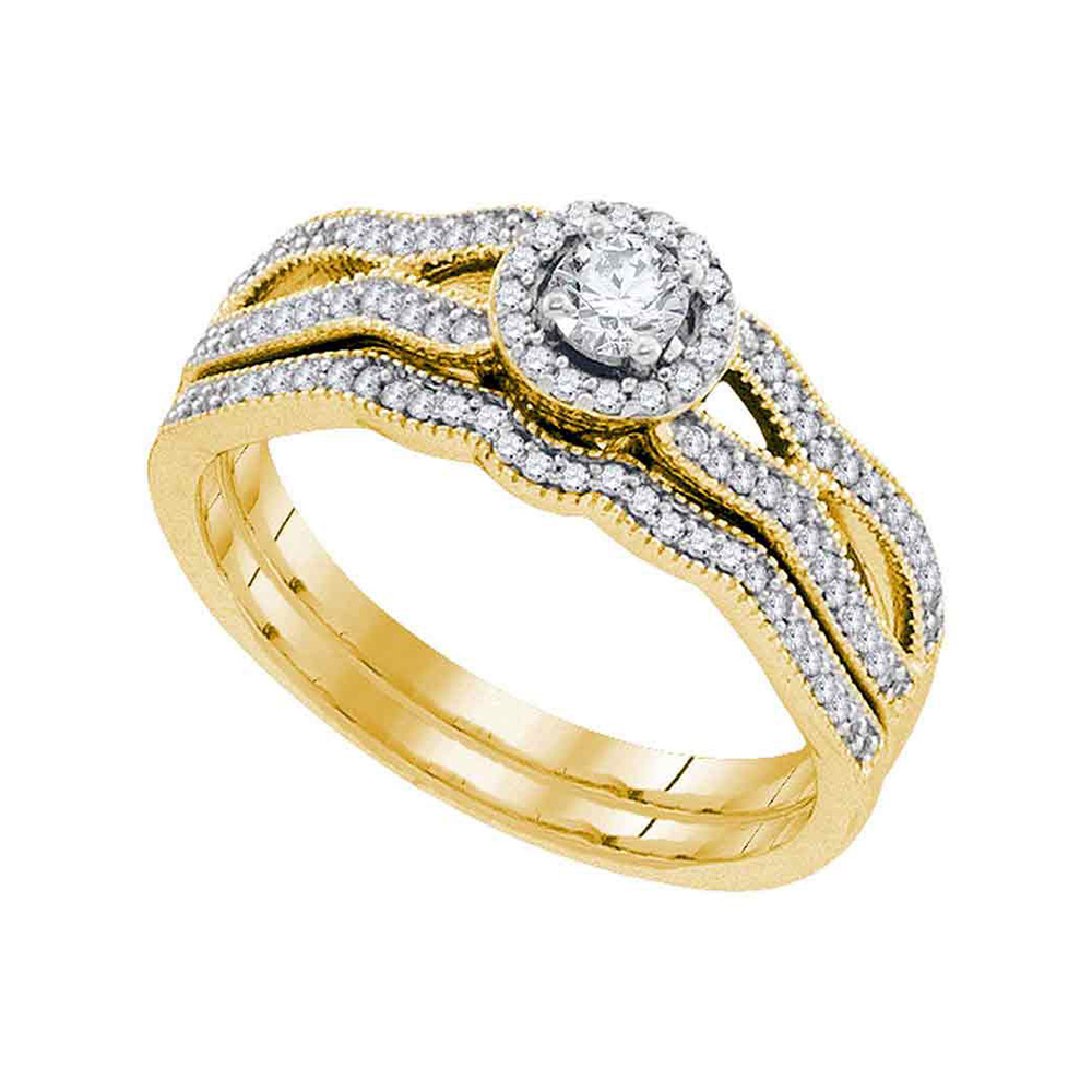 10kt Yellow Gold Round Diamond Milgrain Bridal Wedding Ring Band Set 3/8 Cttw